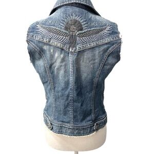GUESS Y2K Destroyed denim Biker Vest with Embroidered Eagle Size Medium